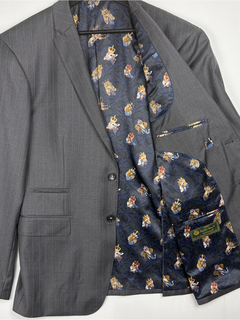 Luxury Super 150’s Merino Wool Gray Pinstripe Blazer Sport Coat Animal Lining
